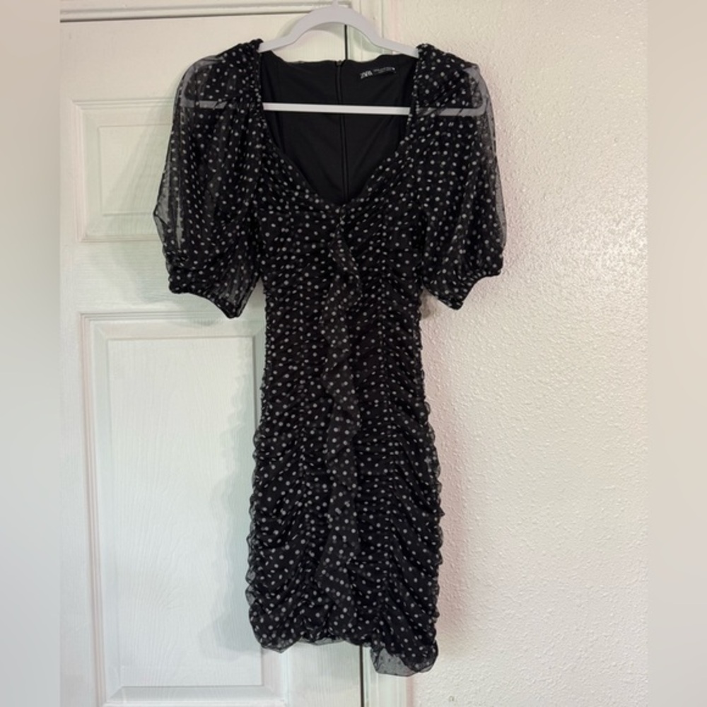 Zara polka dot black bodycon dress with sleeves size xs